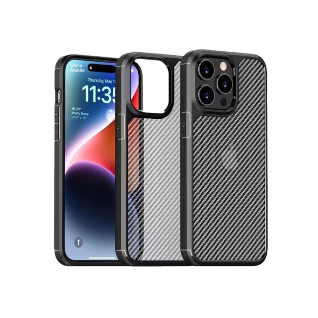 Semi-Transparent Carbon Fiber Texture Acrylic+TPU Anti-Fingerprint Matte Finish Phone Case Cover for iPhone 13 14 15 16 Pro Max