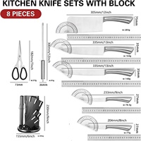 Ensemble de 8 couteaux de cuisine en acier inoxydable avec manche creux, comprenant un couteau de chef, un couteau à trancher, un couteau à fruits et un couteau à pain, avec bloc de rangement