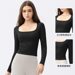 Women's Long Sleeve Fitness <b>Top</b> Solid Color <b>Tight</b> Fit Outdoor Sports Shirt <b>Black</b> - Product Image 1