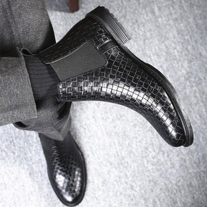 Men Woven Plaid High Top Chelsea Leather Boots Elastic Stretch Slip On Ankle <b>Booties</b> For Autumn Winter - Product Image 1