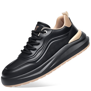 Men's Black Leather Sneakers Low <b>Heel</b> Breathable Rubber Sole Casual Walking Shoes - Product Image 5
