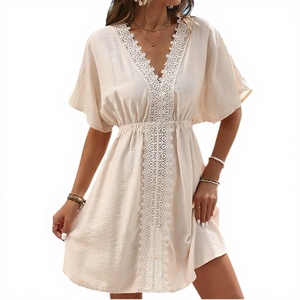 2025 New <b>Hot</b>-Selling Knee-Length Casual Solid Beach Bikini Cover-Up Ice Silk Fabric Lace Patchwork Breathable Summer Chiffon - Product Image 3