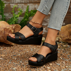 Women Summer Wedge European and American Thick Sole Open-Toe <b>Sandals</b> Buckle Roman <b>Sandals</b> Wholesale - Product Image 2