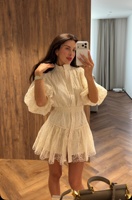 Robe en dentelle à manches lanternes pour femme, taille lacée, jupe trapèze, robe haut de gamme de niche pour l'été