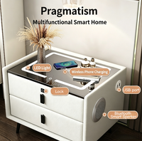 Table de chevet intelligente en bois avec lumière LED, port USB, charge sans fil, verrouillage par empreinte digitale, 2 tiroirs, haut-parleur Bluetooth - Moderne pour chambre à coucher et hôtel
