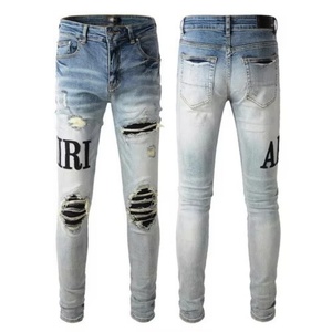 Wholesale Men's Skinny Jeans Ripped Knee Denim Pants OEM ODM Factory Price Black Patchwork Gothic Letter Print <strong>Light</strong> <strong>Trousers</strong> - Product Image 1