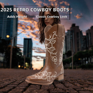 Botas Vaqueras Occidentales Marrones de Media Pantorrilla con Punta Cuadrada, Bordadas, Tacón Grueso, Estilo Retro para Otoño - Product Image 2