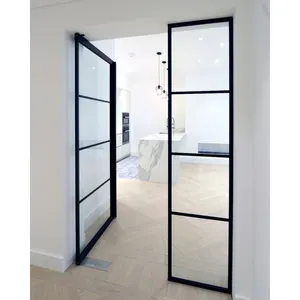 Puertas individuales de vidrio interior con manija de vidrio de privacidad marco Delgado puertas individuales de hierro con diseño de parrilla