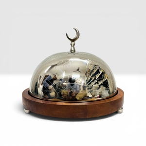 Oriental Engraved Metal Serving Dish With Lid Round Wooden Base <b>Decorative</b> <b>Plate</b> For Presents From India - Product Image 4