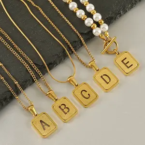 XL23411 Initial Non Tarnish 18K Gold Plated Stainless Steel Crystal Square Hollow 26 Letter Alphabet Pendant Necklace For Women