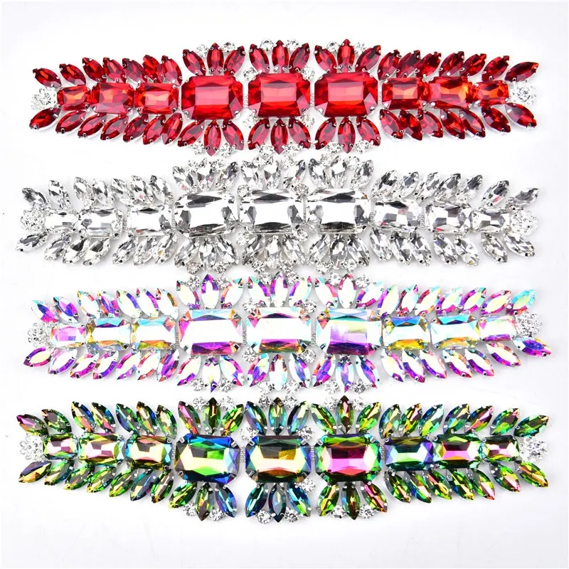 Glass Crystal Rhinestone Applique 20X5Cm Diamond Long Patches Ab Welding Flower Silver Base Wedding Belt Clothing Accessories