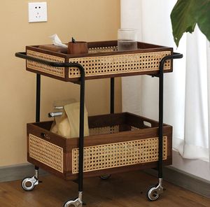 Eco Go Home Metal Serving Trolley <b>Bar</b> Carts 2-tier Rustic <b>Wood</b> Rattan Kitchen Serving Cart With Tray - Product Image 1