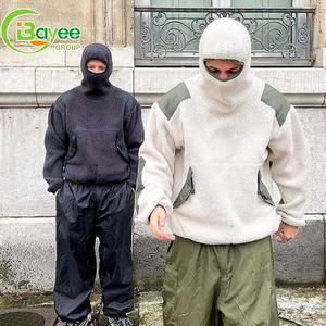 En gros, Sweat <span class=keywords><strong>à</strong></span> capuche masqué en polaire moelleuse color block, avec poche personnalisée, coupe oversize, épais et chaud pour l'hiver, style cagoule <span class=keywords><strong>ninja</strong></span> pour hommes - Product Image 2