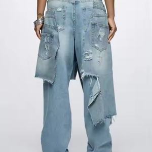 Jean baggy déchiré nouvelle conception en coton 100% style vintage streetwear, coupe oversize délavée à l'acide, double taille, taille basse – Grande Vente - Product Image 2