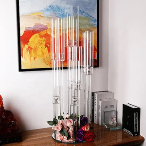 Venta al por mayor de candelabros altos transparentes de cristal de 9 brazos, portavelas de cristal personalizado para Decoración de mesa de boda - Product Image 5