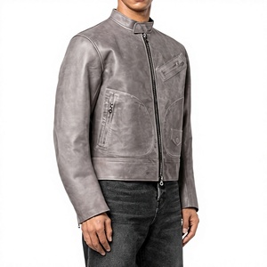 <b>Slim</b> <b>Fit</b> Brown Leather <b>Jacket</b> for Men Customized Zippered Pockets Belted Waist Plus Size Waterproof Breathable High Street - Product Image 1