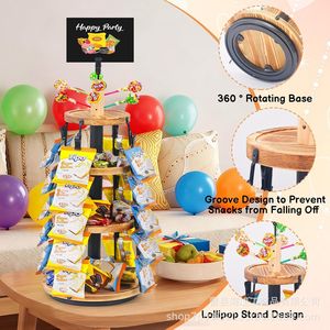 Expositor de aperitivos de madera de 4 niveles con base giratoria y pizarra para fiestas - Product Image 1