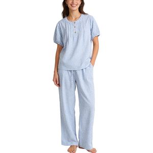 Pijamas de gingham para mujer, conjunto de 2 piezas, top Henley de manga corta, pantalones de pierna ancha, ropa de dormir suave tejida, ropa informal para estar en casa. - Product Image 1