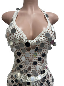 Completo Set da Spiaggia Donna 2026 all'Ingrosso in Maglia con Paillettes e Collo Halter, Top Halter e Pantaloncini Sopra il Ginocchio Estivi, Supporto Dropshipping - Product Image 4
