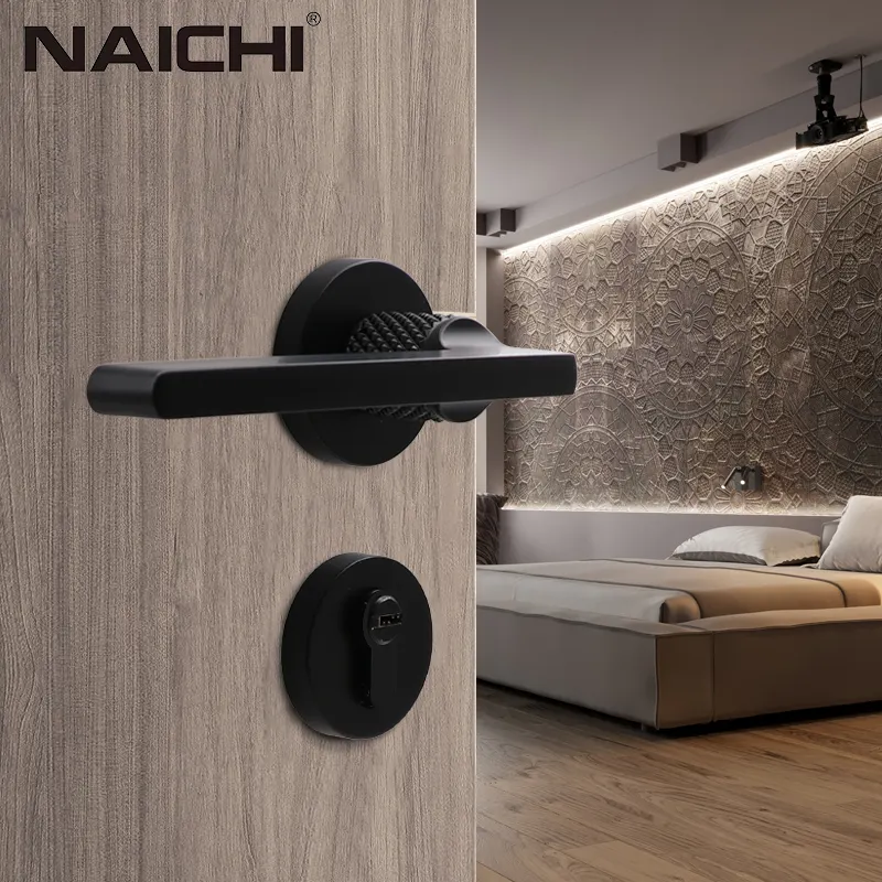 Door handle supplier modern unique zinc alloy interior black chrome plated lever door handle lock hardware use in home bedroom