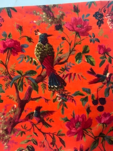 Hand Printed Coral Cotton Velvet Fabric with Colorful Bird and Floral Print for Upholstery Curtains Cushions and Home Decors - Product Image 1