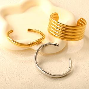 Multi Layer Pipe Smooth Cuff <b>Bangle</b> 18K <b>Gold</b> <b>Plated</b> Water Wave Stainless Steel Jewelry High Polish Irregular Open <b>Bangles</b> - Product Image 1