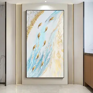 HUACAN lukisan minyak seni dinding emas buatan tangan gambar abstrak warna dekorasi rumah ikan kanvas untuk ruang tamu Modern tanpa bingkai