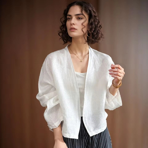 Sostenibile Eco Friendly Casual in misto <span class=keywords><strong>lino</strong></span> oversize tinta unita con scollo a V blusa manica a pipistrello abbigliamento da lavoro <span class=keywords><strong>donna</strong></span> asciugatura rapida all'ingrosso - Product Image 1