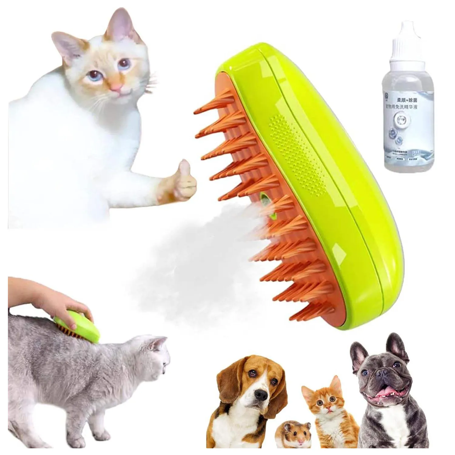 Escova de vapor para cães e gatos, ferramenta de massagem de silicone 3 em 1 multifuncional, de fábrica recarregável, para limpeza de pêlos de animais de estimação