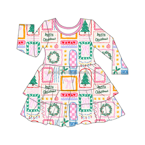 Boutique enfants filles robes de noël trois couches volants à manches longues bébé robe longueur genou plissé belles jupes pour les filles - Product Image 6