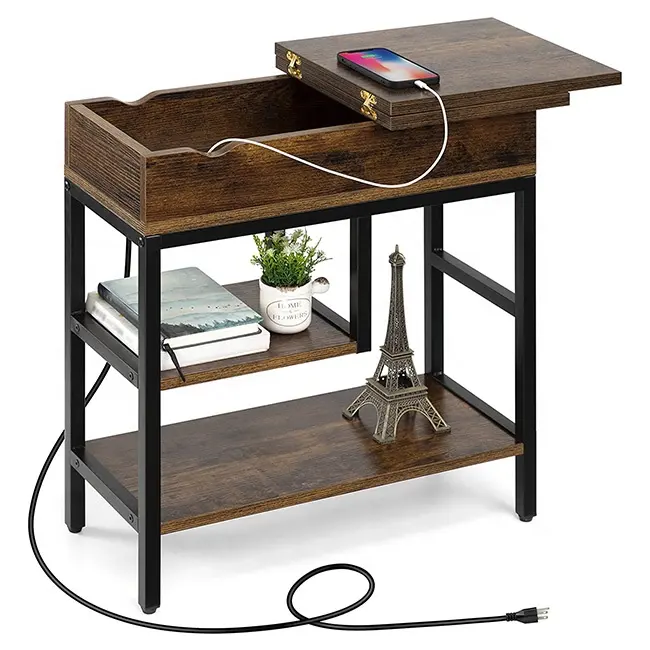 Home Modern Narrow Storage Shelf Charging Station Slim Nightstand Side Table Set Wooden Glass Material End Table
