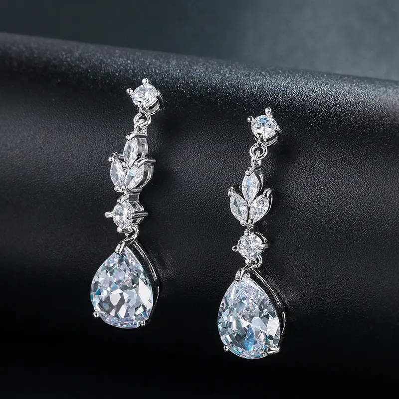 White Gold Plated Pear Cut Cubic Zirconia Crystal CZ Zircon Drop Earrings for Women Bride Bridesmaid