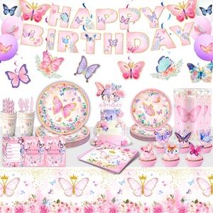 Ensemble de décoration de fête sur le thème du lac papillon rose jetable pour l'obtention du diplôme comprenant des assiettes en papier pour les anniversaires et autres célébrations - Product Image 1