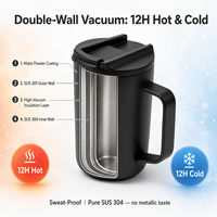 Mug à café isotherme 360 ml avec poignée géométrique, couvercle rabattable, anti-fuite, double paroi sous vide en acier inoxydable, tasse de voyage 12-24 heures