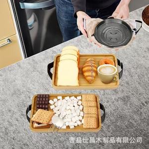 Plateau de service rectangulaire en bambou avec poignée, idéal pour le thé, le barbecue, les pique-niques en extérieur et le rangement alimentaire, fabriqué au Shandong - Product Image 3