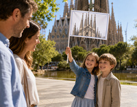 Drapeau miniature personnalisé de l'attraction touristique Sagrada Familia : Drapeau triangulaire 100 % polyester, écologique, à agiter à la main