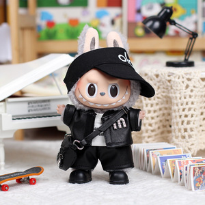 Labubu <b>Doll</b> Clothes 5-Piece Set Black Leather Jacket With Hat And Pants For Plush Toy Accessories - Product Image 5