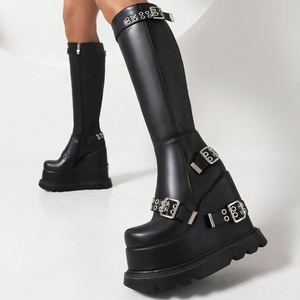 Super High Wedge Heel Women's Long <b>Boots</b> Bright Patent Buckles Knee-high Booties Thick Sole Winter Platform Shoes - Product Image 3