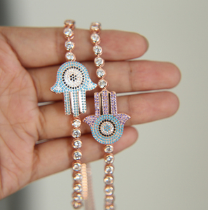 <span class=keywords><strong>Hamsa</strong></span> con tachuelas de diamantes de imitación con mal de ojo de la suerte pulsera de cordón chapada en oro - Product Image 3