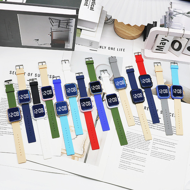 Wholesale New Fashion Square Plastic LED Digital Electronic Watch Special Design Dual-color Spliced Watch Band Student Kids