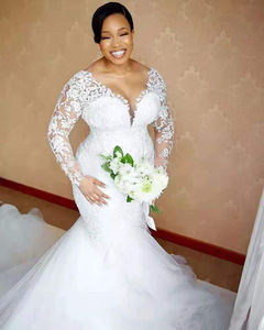 Factory Price Modern <b>Simple</b> Deep V-neck Backless <b>Wedding</b> <b>Dress</b> Hot Sale <b>Long</b> <b>Sleeve</b> Fishtail Elegant Embroidery Train Lace - Product Image 2