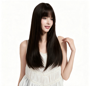 <b>Long</b> Straight Black <b>Wig</b> With Bangs Full Head Natural Everyday Style No Wake Up Required High Temperature Wire Hair Women's <b>Wig</b> - Product Image 1