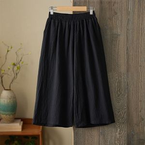 Women's Cotton Linen Capri Pants Loose Fit Wide Leg Elastic Waist Breathable Casual Solid Color Khaki Yellow Beige Gray Black - Product Image 2