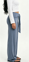 Pantalon large taille haute bleu poudré pour femme avec ceinture à nouer, coupe décontractée fluide pour le quotidien et le streetwear