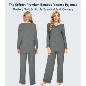 Ensemble de pyjama personnalisé pour femmes en viscose de bambou, haut à manches longues et col en V doux avec pantalon, vêtements de nuit grande taille S-4X gris foncé - Product Image 4