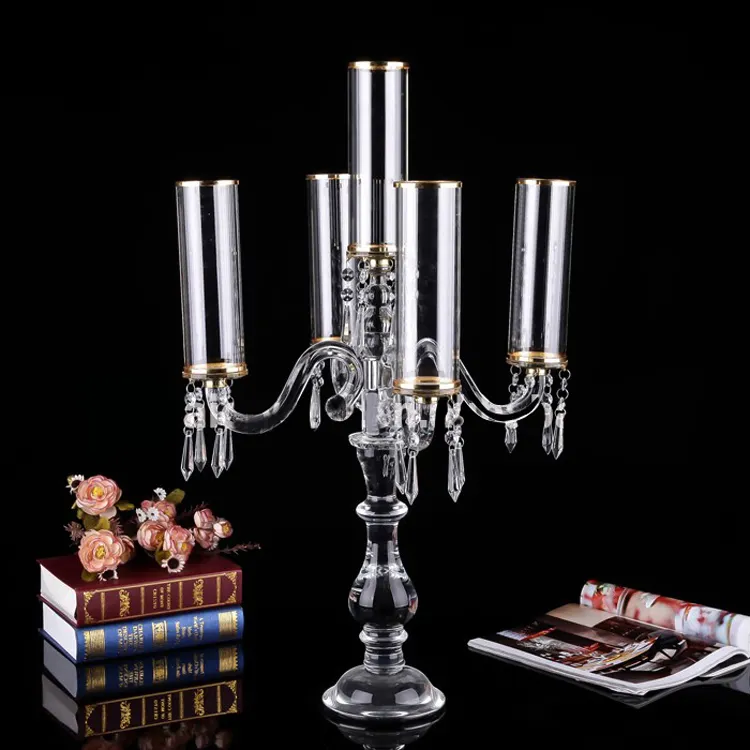 Neue Kristallglas röhre 5 Arme Gold Kandelaber Luxus Kerzenhalter Hochzeits dekorationen