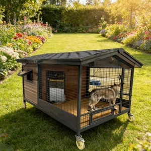 Mangeoire Rotative pour Animaux de Compagnie, Maison Pliable, Conception Étanche, Toit <span class=keywords><strong>en</strong></span> Bois et Acier Inoxydable, Facile à Nettoyer, Style Moderne, Petite Taille - Product Image 1