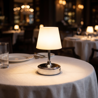 Lampe de table LED moderne pour extérieur, camping, patio et jardin, avec base argentée, abat-jour givré, variateur tactile, sans fil et rechargeable
