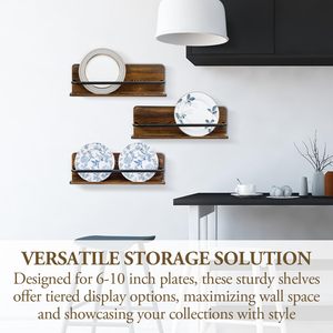 Présentoir <span class=keywords><strong>mural</strong></span> rustique <span class=keywords><strong>porte</strong></span>-assiettes en bois, étagère en bois et cintres décoratifs en métal noir pour la cuisine - Product Image 3