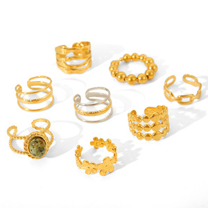 Bagues ouvertes en acier inoxydable pour femmes, non décolorantes, avec pierres naturelles colorées, motif floral, plaquées or - Product Image 5